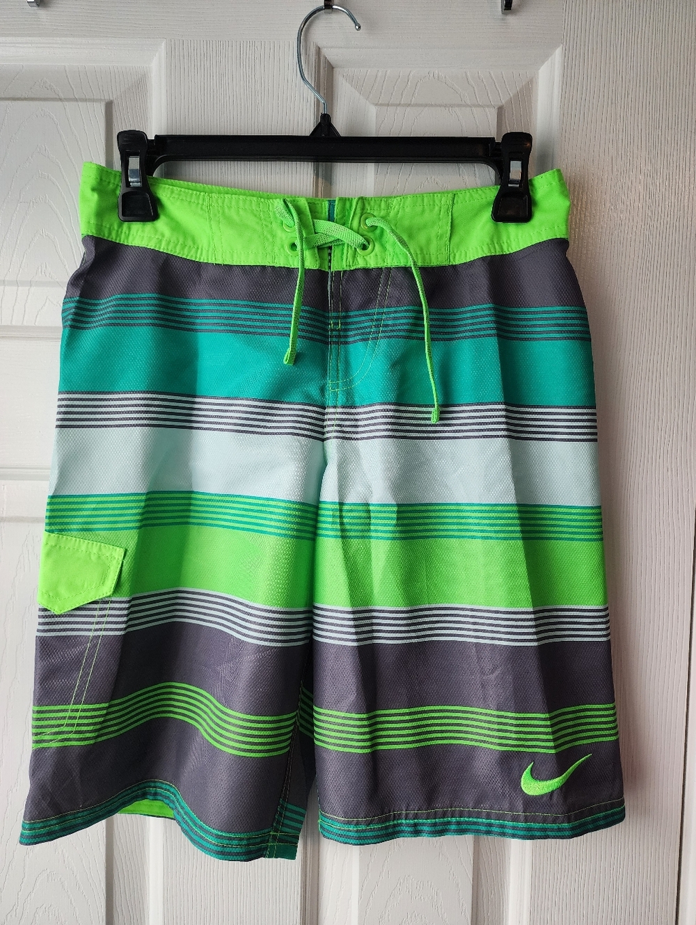 Nike Boys Neon Green, Teal & Gray Striped Swim Shorts - Large